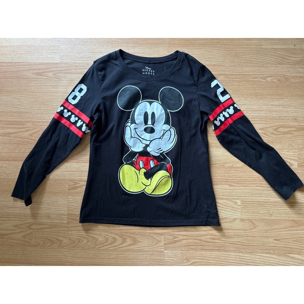 Disney Mickey Mouse Graphic Tee Womens XL Black Long Sleeve Varsity‎ Stripe
